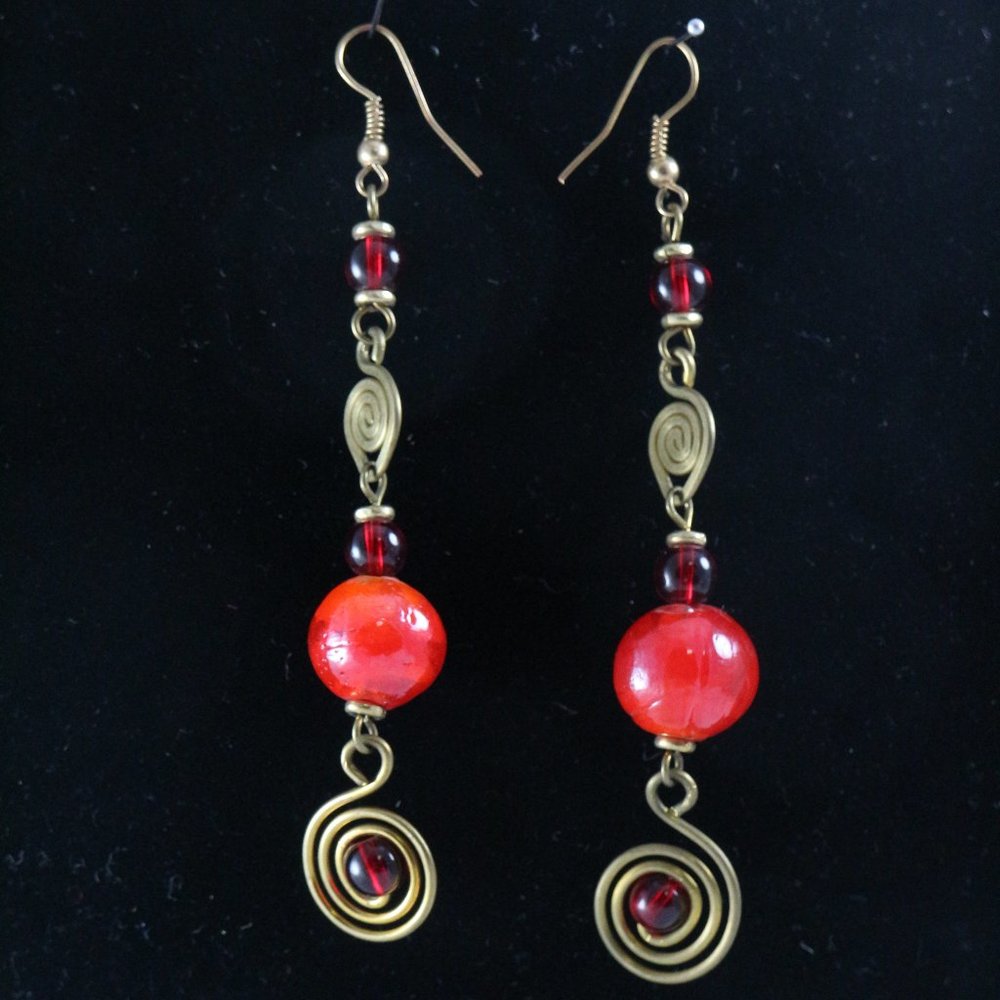 Handmade East African Brass Red Ceramic Beaded Drop Earrings Pair - Picture 1 of 5